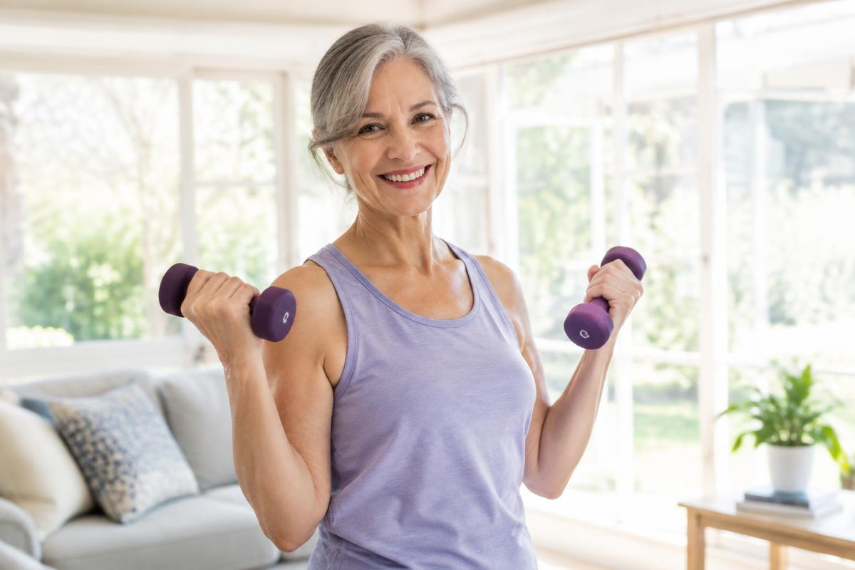 Woman in her 60s lifting light dumbbells at home