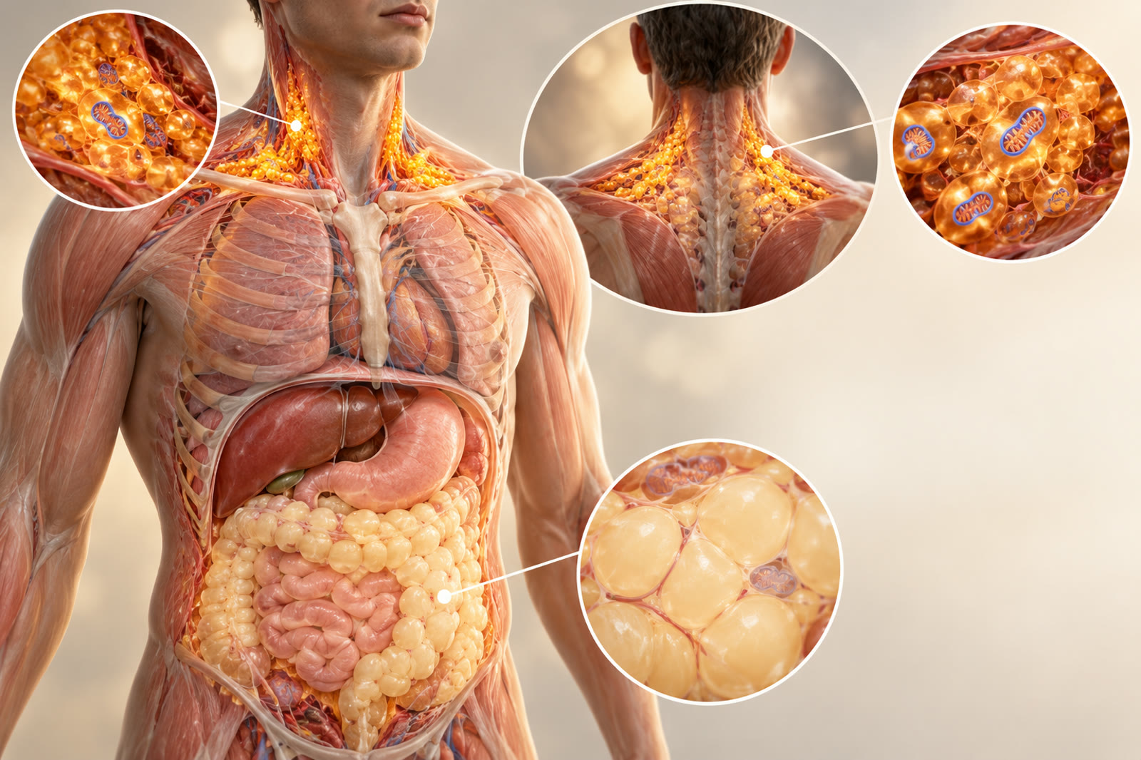 Illustration comparing brown fat near the neck and upper spine with white fat around the abdomen