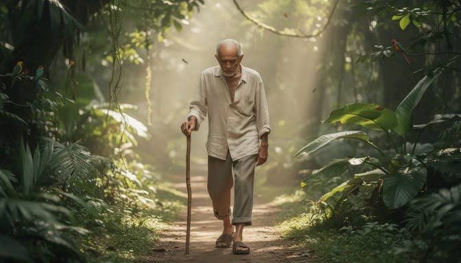 Older man walking with a cane along a sunlit forest path