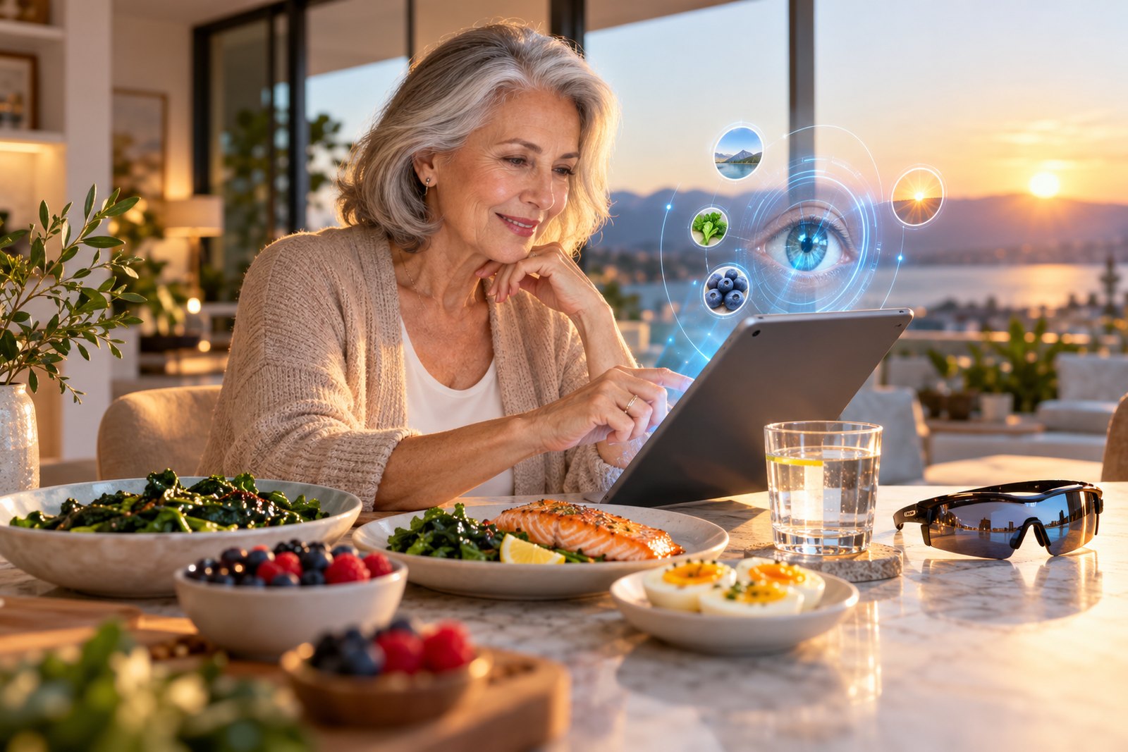 Older woman smiling at a tablet beside plates of salmon, leafy greens, eggs, and berries with wrap-around sunglasses nearby