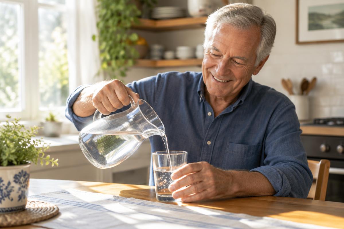 Man in his 70s pouring a glass of water