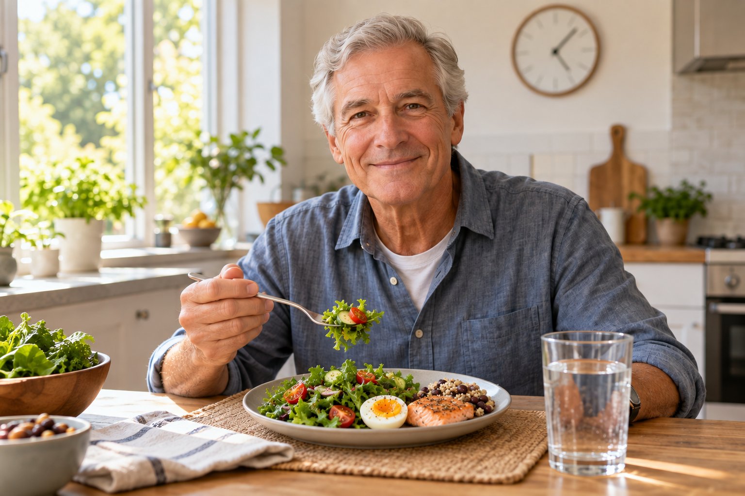 Man in his late 60s eating a salad with salmon and egg