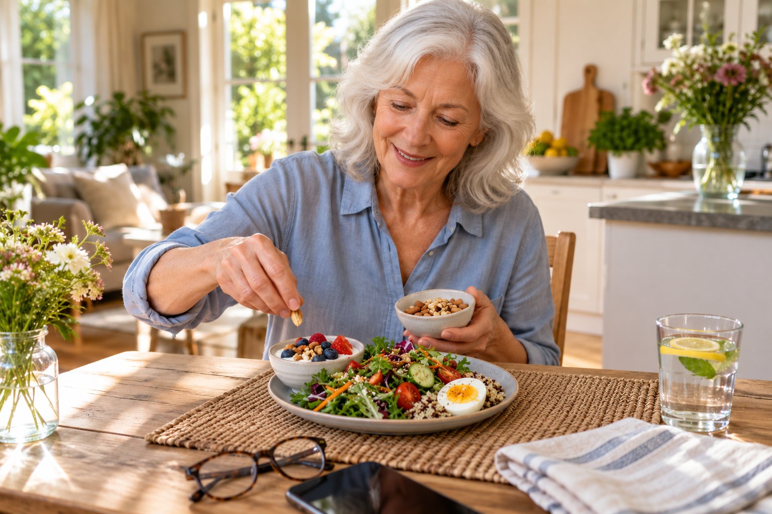 Woman in her 60s adding nuts to a balanced meal of salad, egg, quinoa and yogurt with berries