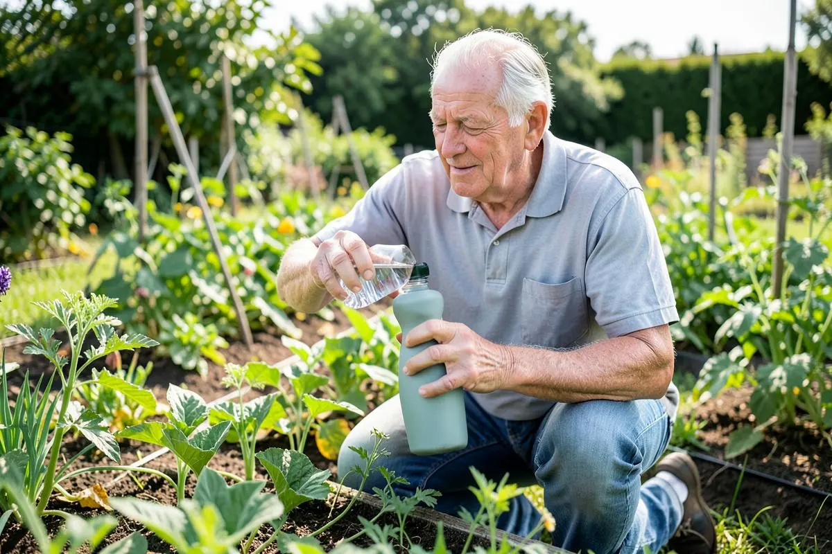 Older adult drinking water while gardening outdoors