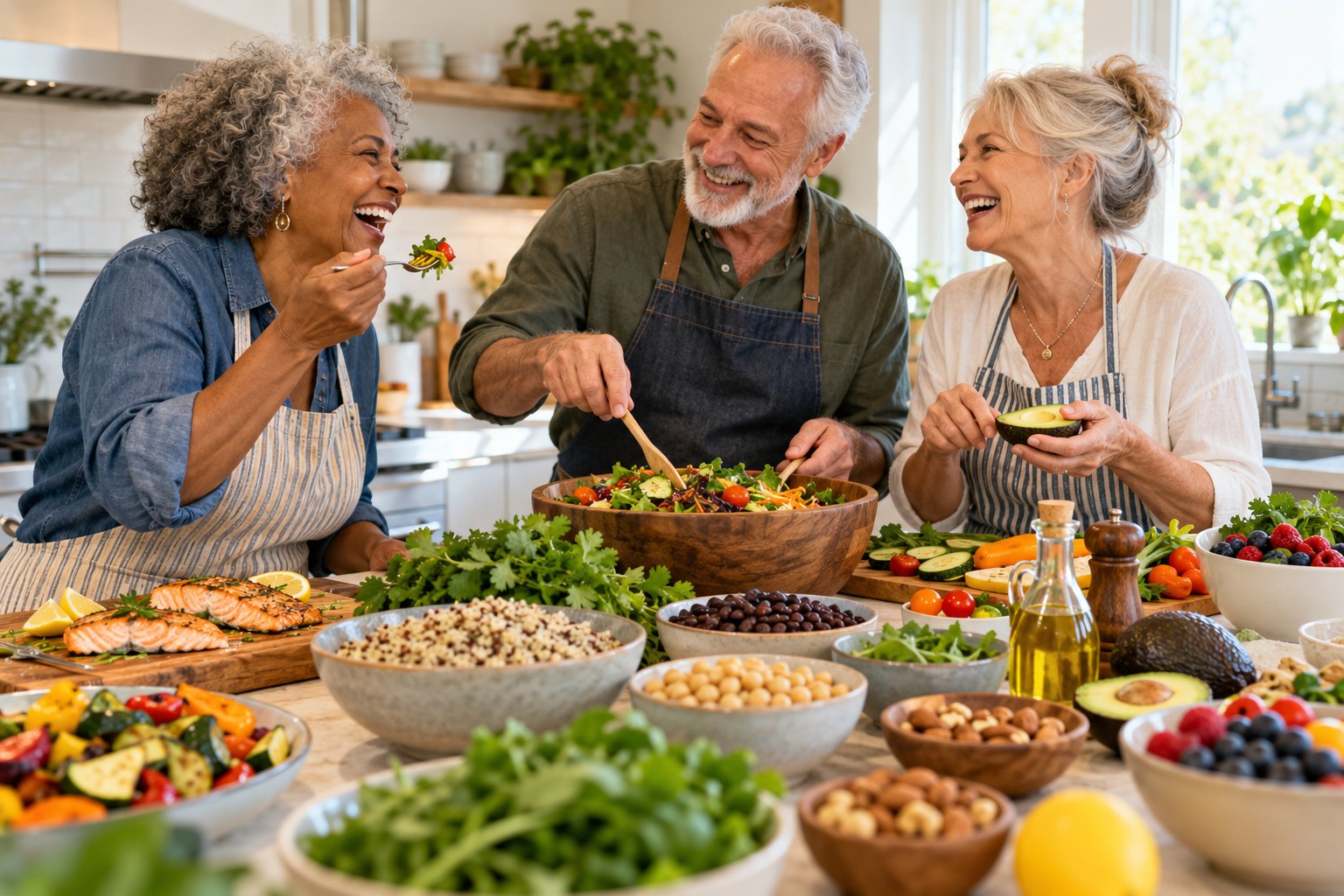 Group of older friends sharing a healthy meal together at a table
