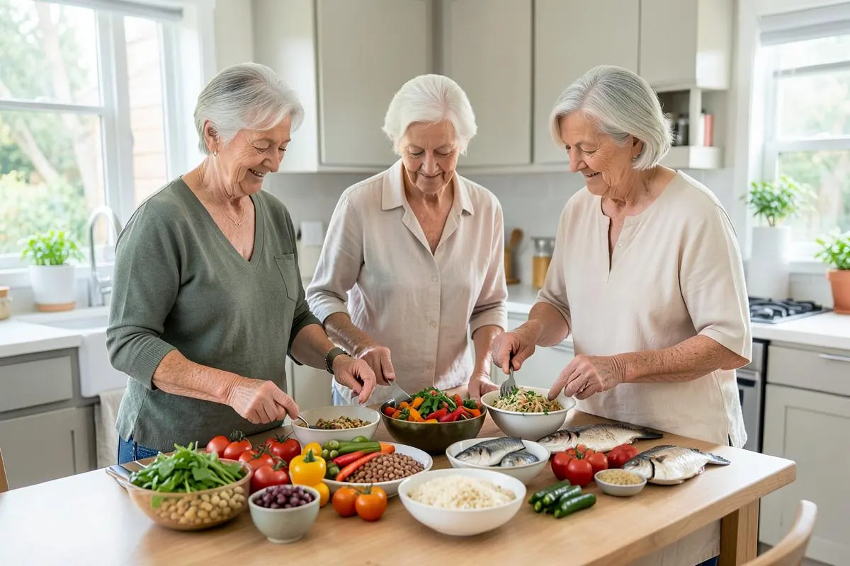Older adults preparing a balanced meal with vegetables, beans, grains, and fish