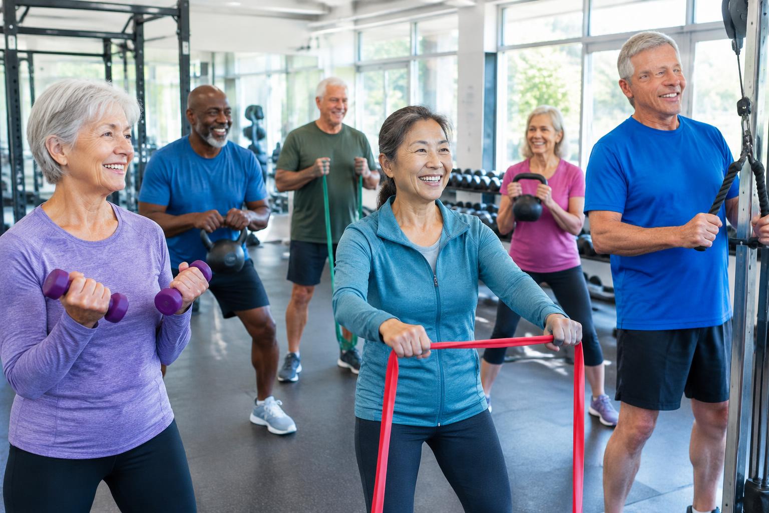 Group of older adults strength training in a gym with dumbbells, kettlebells, resistance bands and a cable machine